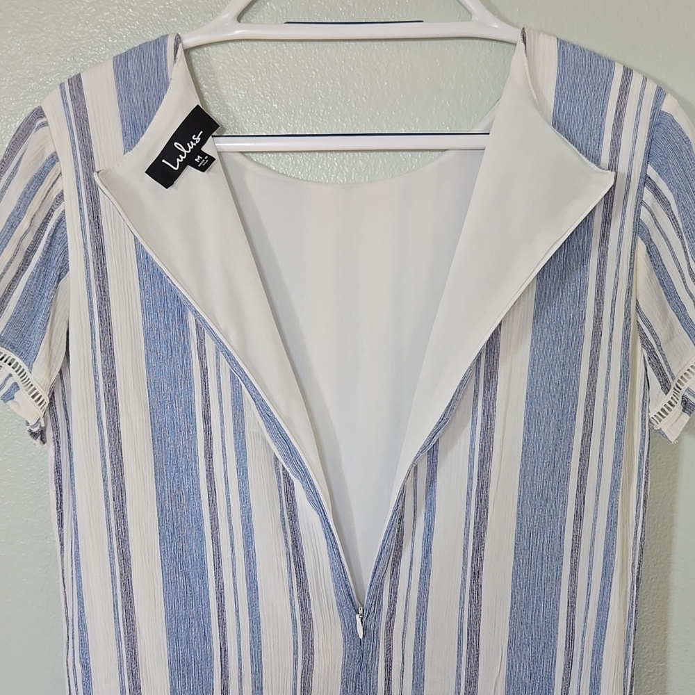 Lulus | Ardell Blue and White Striped Embroidered Shift Dress Size Medium - Picture 6 of 12